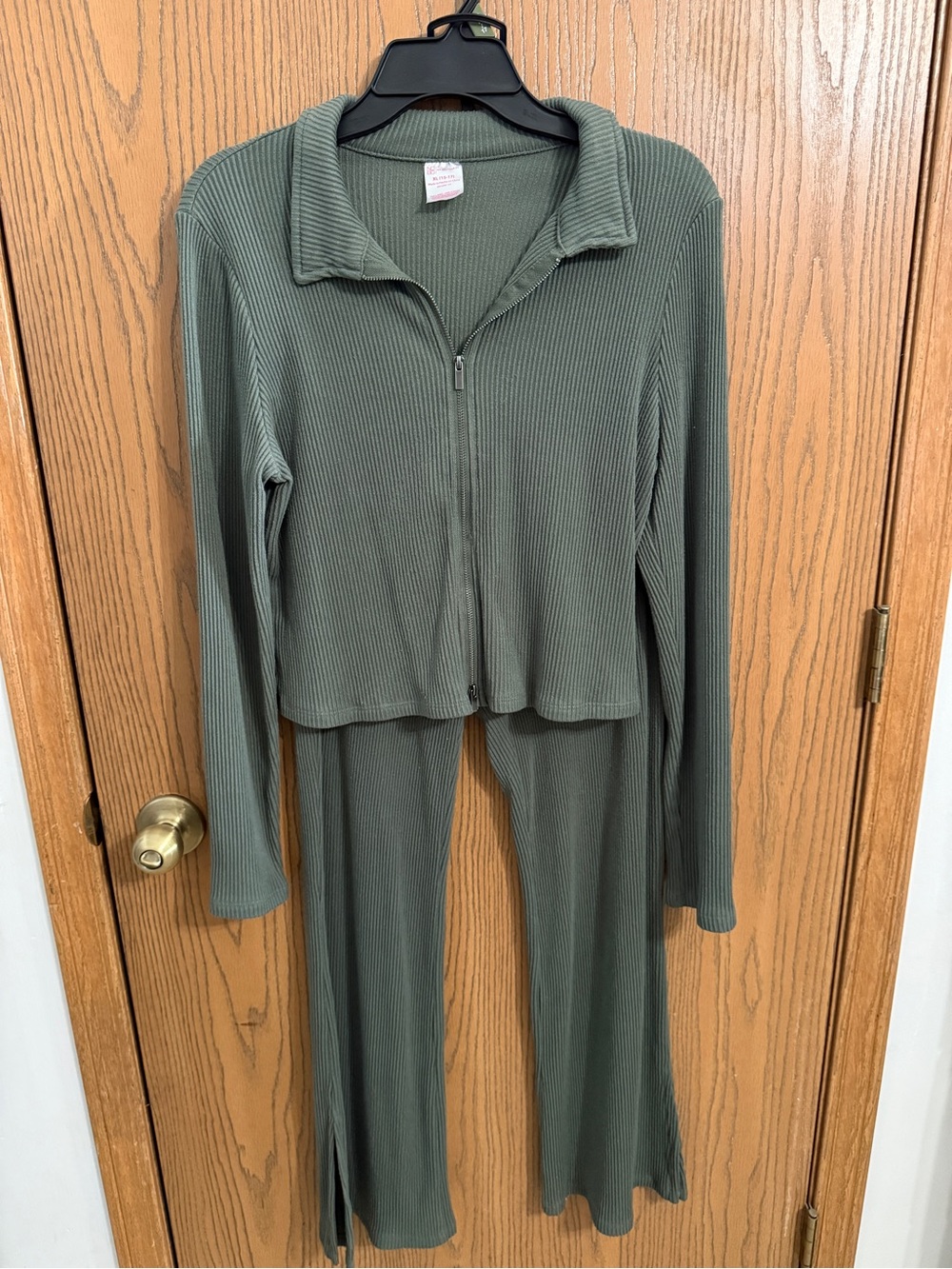 No Boundaries Olive Green Ribbed Zip-Front Wide Leg Set